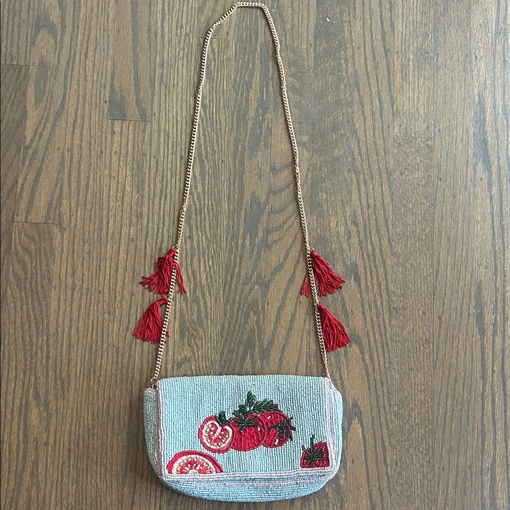 Beaded Tomato Bag in Blue and Red with Tassels